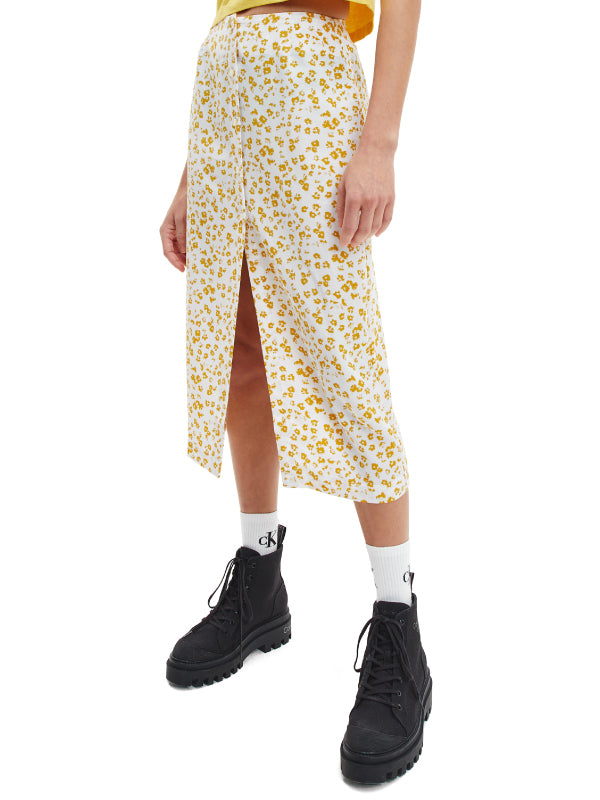 Buttons Through Spli Floral Aop Bright White/Yellow / L