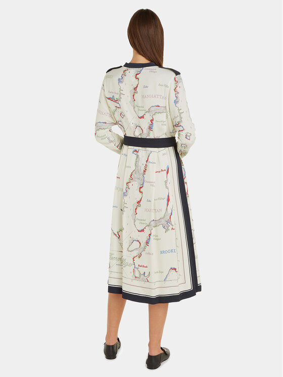 Scarf Print Midi Shirt Dress Map Scarf/Ancient White / 42