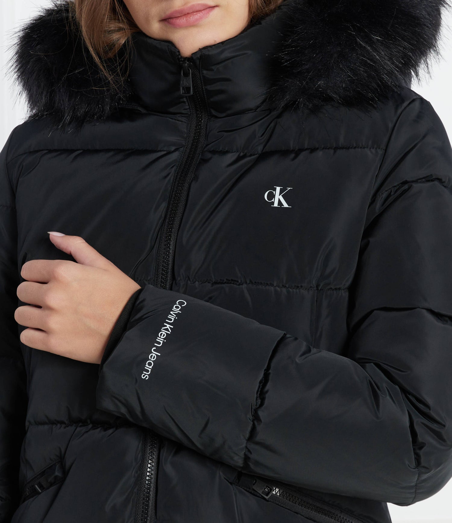 Faux Fur Hooded Fitted Long Jkt Ck Black / L