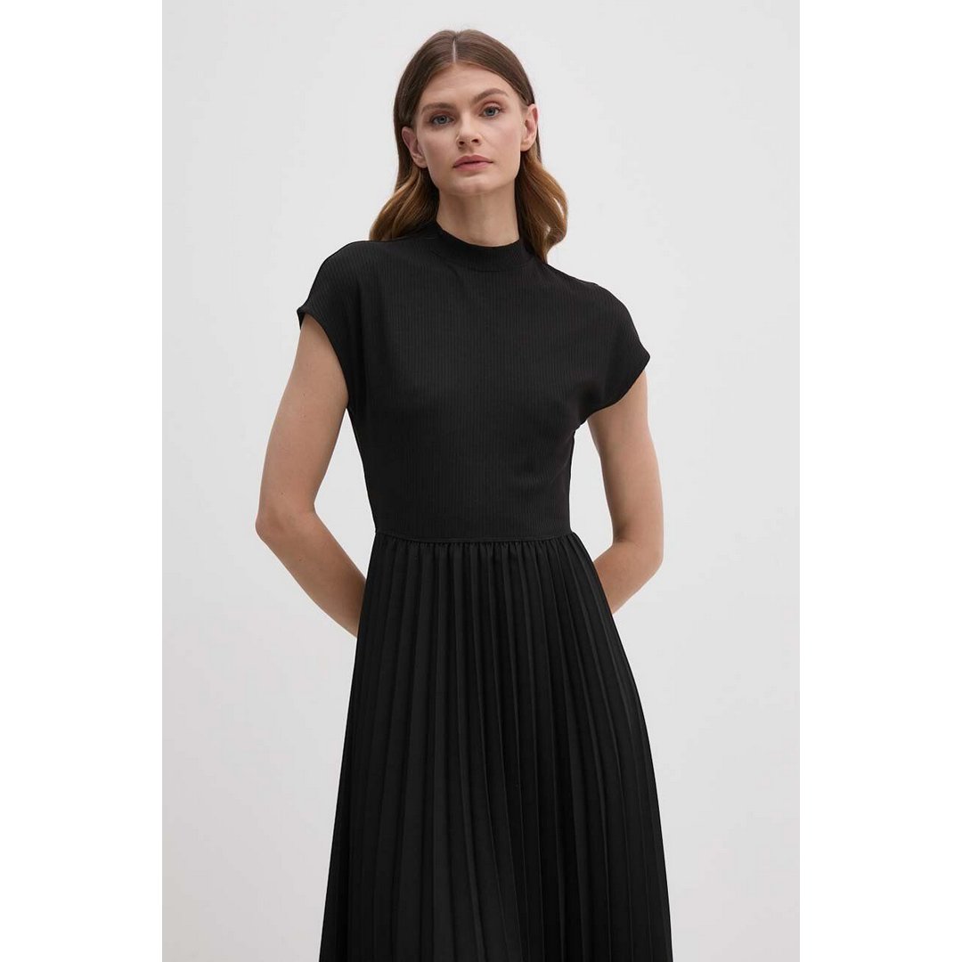 5X2 Rib Mk-Nk Pleat Midi Drs Ss Black / SM