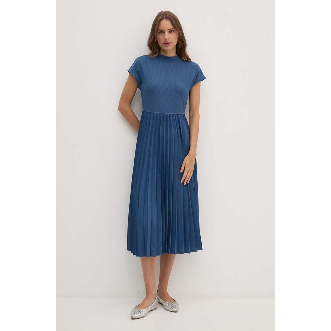 5X2 Rib Mk-Nk Pleat Midi Drs Ss Fossil Blue / SM