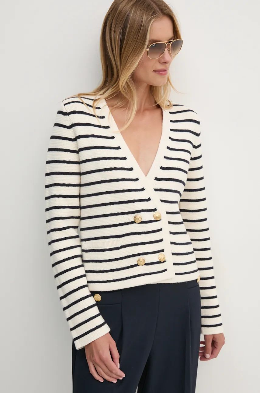 Breton Gold Button Ovrlp Cardi Breton Stp/ Ivory Petal/ Desert Sky / L