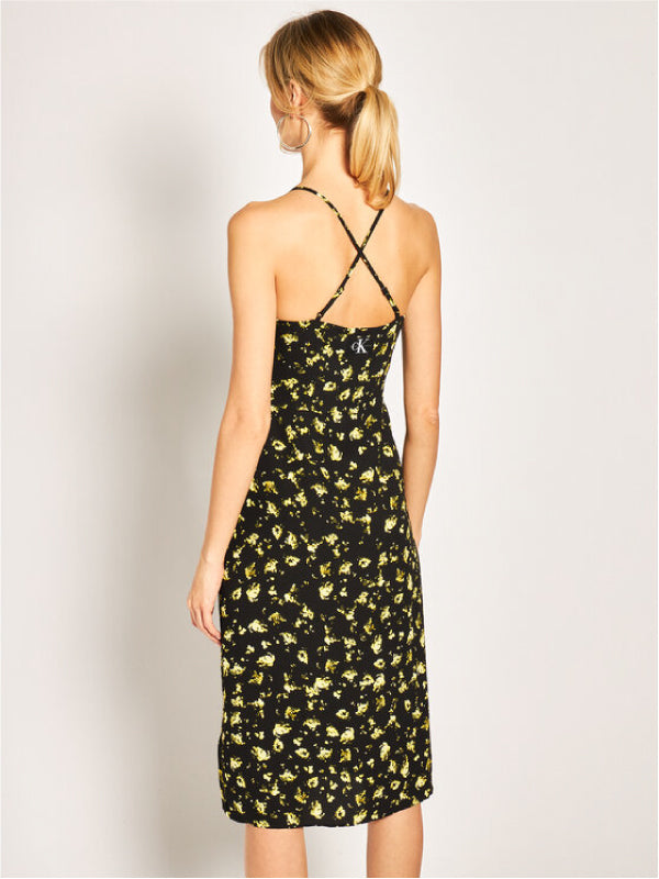 Floral Cross Back Slip Dress Grungy Halftone Yellow Floral / L