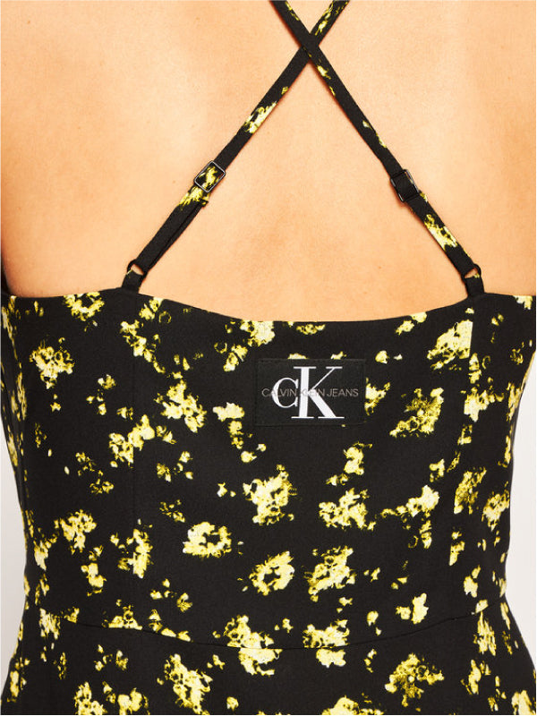 Floral Cross Back Slip Dress Grungy Halftone Yellow Floral / L