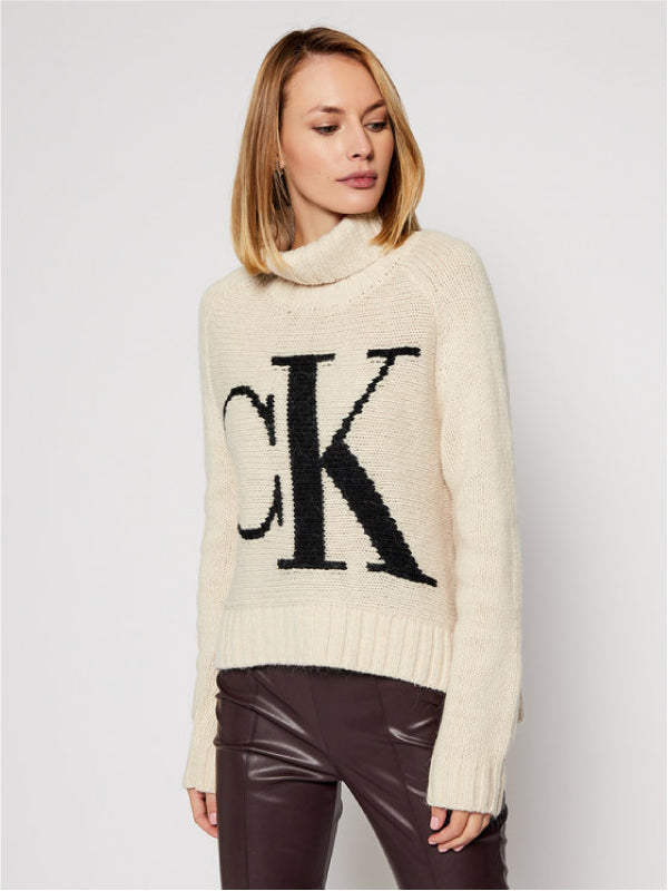 Ck Logo Roll Neck Sweater Soft Cream / S