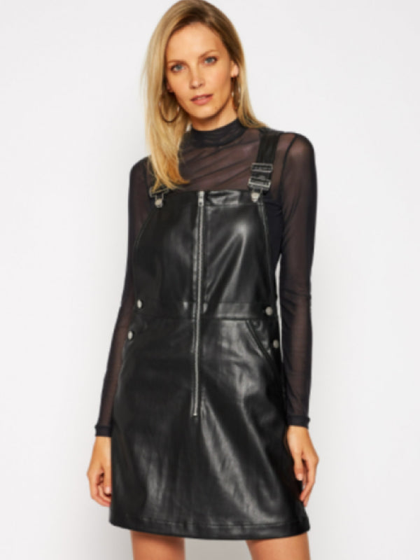 Faux Leather Dungaree CK Black / L