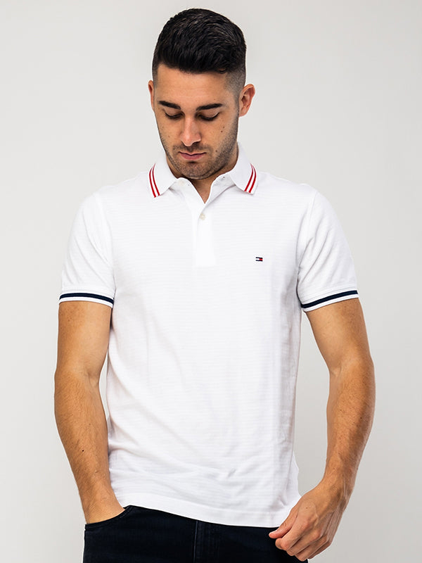 Tonal Textured Stripe Slim Polo BRIGHT WHITE / L